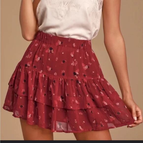 Free people red floral ruffle bohemian mini skirt - Picture 1 of 7